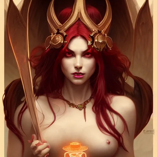 Image similar to Demoness, female, robes, D&D, fantasy, intricate, elegant, highly detailed, digital painting, artstation, octane render, concept art, matte, sharp focus, illustration, hearthstone, art by Artgerm and Greg Rutkowski and Alphonse Mucha