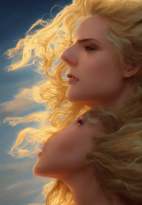 Prompt: A beautiful fierce blonde-haired Circe, posing heroically, heavenly sunlit clouds background, close-up shot, elegant, digital painting, golden hour, cinematic, epic, trending on artstation, concept art, smooth, sharp focus, illustration, art by artgerm and Greg Rutkowski and Alphonse Mucha