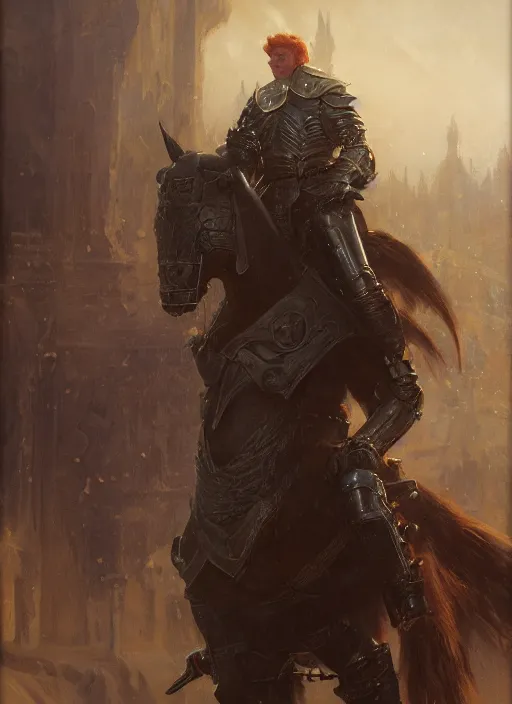 Prompt: young smiling redhead wearing black medieval armour, detailed, by gaston bussiere, bayard wu, greg rutkowski, giger, maxim verehin, greg rutkowski, masterpiece, sharp focus, cinematic lightning