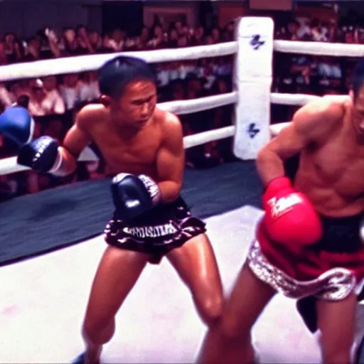 Prompt: buakaw muay thai fighting solo against a japanese golden hair teenager street punk in the boxing stage, john woo, akira kurosawa, george miller, james cameron, cinematic, ultrarealism, red water splash, michael bay,