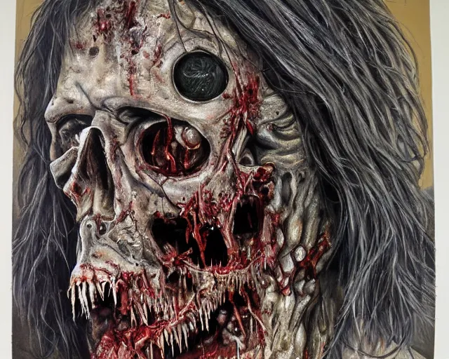 Prompt: Derek Riggs painting of a zombie, hyper detailed, heavy metal,