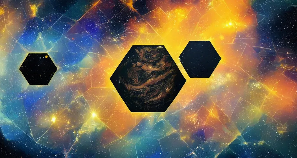 Prompt: hexagonal shield in space, blocking the sun, earth in the foreground, art deco painting