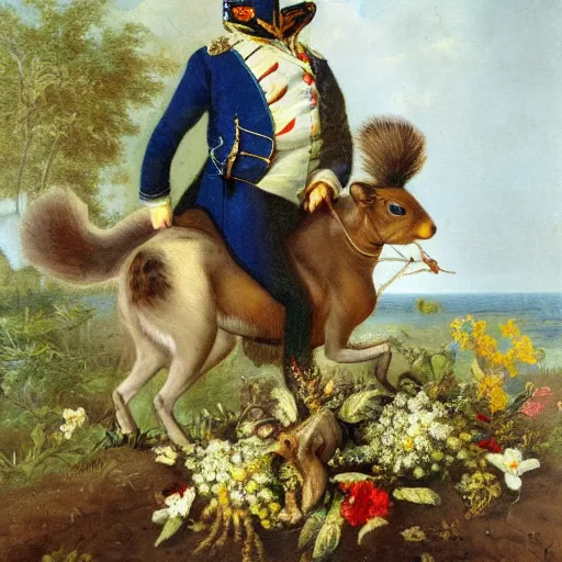 Image similar to a squirrel carrying napoleon bonaparte on its back, beach scene with flowers and foliage, detailed oil painting