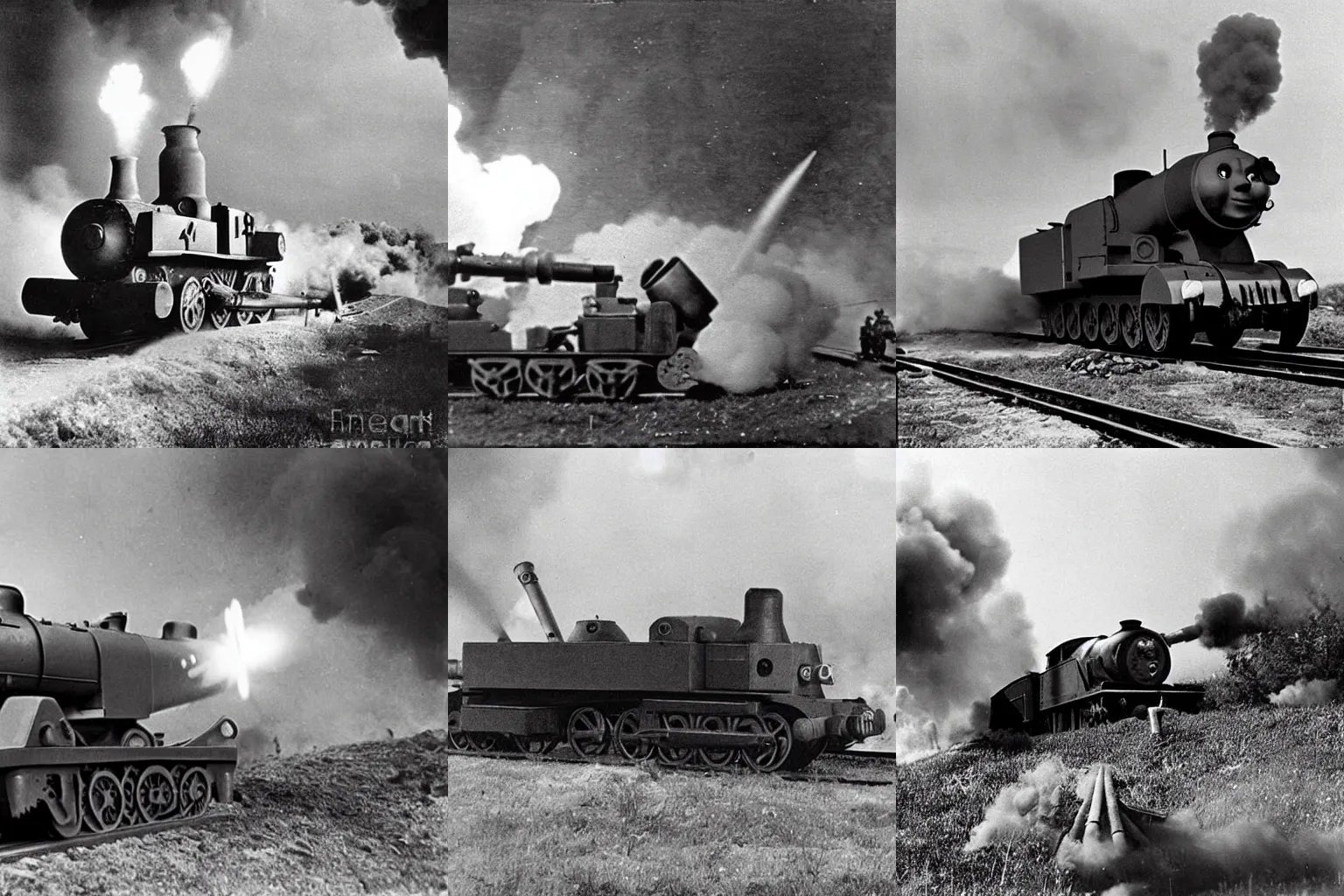 Prompt: WW2 era photograph of Thomas-tank-engine-face on 800mm German artillery Dora firing off a shot