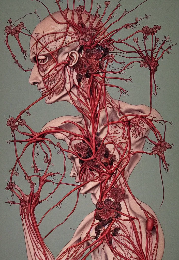 Prompt: prompt: anatomy dissection drawing veins and leaf blood system human shaped flower character drawn by Takato Yamamoto, petals and flower head, flower anatomy atlas, veins and organs attached to flower head, alchemical objects inspired by 1980's sci-ci, old experimentation cabinet, intricate oil painting detail, manga 1980