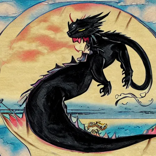 Image similar to an anime black cat riding a dragon over a vast fantasy landscape