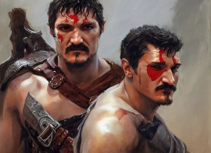 Prompt: a highly detailed beautiful portrait of pedro pascal as kratos, by gregory manchess, james gurney, james jean