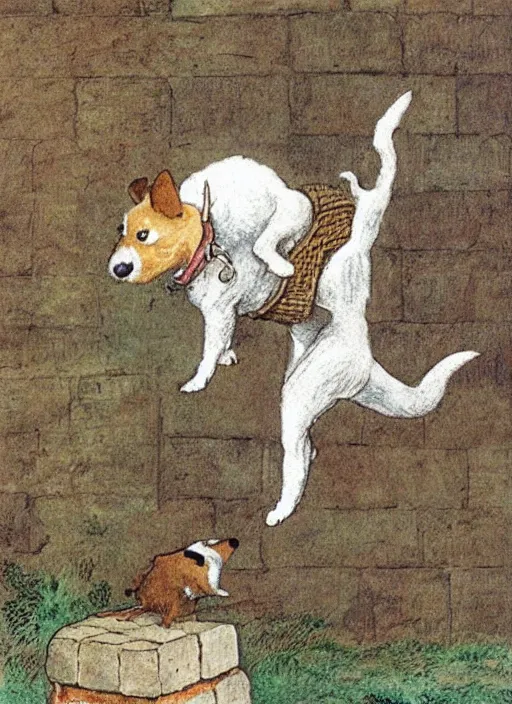 Prompt: jack russel terrier jumping on brick structure, illustrated by peggy fortnum and beatrix potter and sir john tenniel