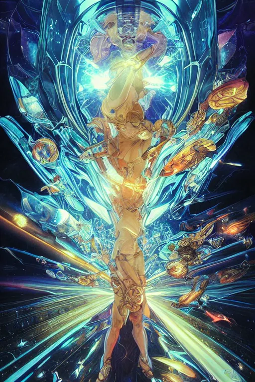 Image similar to faster than light we travel in time through the wormhole, by artgerm and yoshitaka amano and moebius and alphonse mucha, hyperdetailed, dc comics, ornate, nebula, explosions in the sky, trending on artstation