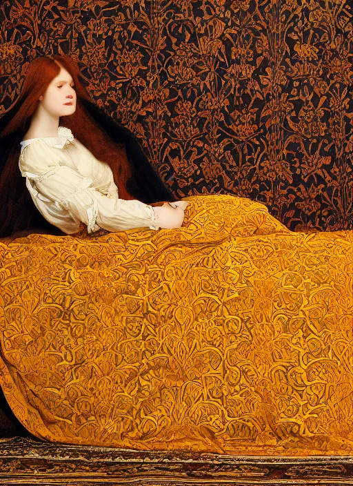 Image similar to preraphaelite photography reclining on bed, big brown fringe, yellow ochre ornate medieval dress, william morris, 4 k