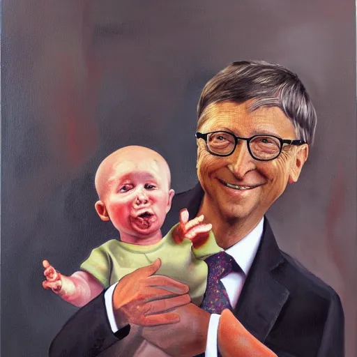 Prompt: masterful oil painting of bill gates eating babies while he talks to the devil, scary