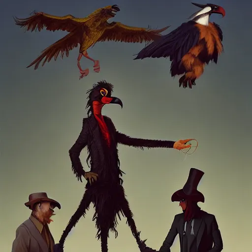 Image similar to anthropomorphic fashion vogue Vulture man man wearing a Buzzard costume wearing a hobo costume ripped physique gerald brom bastien grivet greg rutkowski norman rockwell portrait