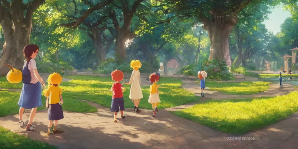 Image similar to wholesome illustration of a family of lemons enjoying a day at the park, Studio Ghibli, Pixar and Disney animation, sharp, Rendered in Unreal Engine 5, art by Greg Rutkowski, Bloom, dramatic lighting, sunny day