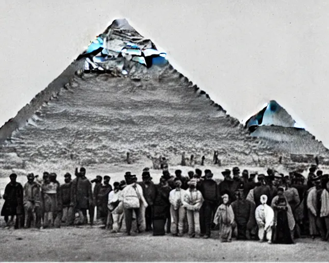 Image similar to a photo from the early 1900s of people standing in front of a UFO, behind them are the Pyramids at Giza