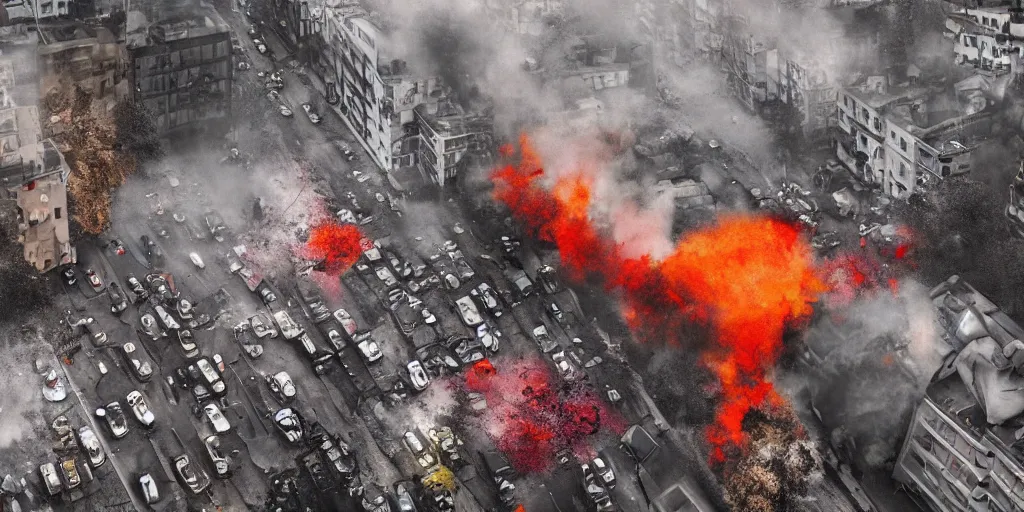 Image similar to post - apocalyptic kreuzberg streets covered in colorful smoke, burned cars, explosions, hyperrealistic, gritty, damaged, drone photography, photorealistic, high details