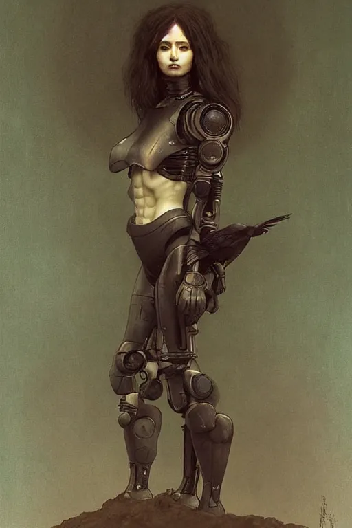 Image similar to fullbody or portrait, simple raven, perfect future, award winning art by santiago caruso, iridescent color palette, by wlop and karol bak and bouguereau and viktoria gavrilenko, 1 9 7 0 s retro future robot android. muted colors