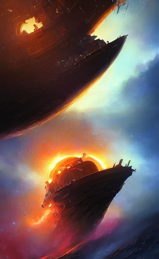 Image similar to a beautiful illustration of a black hole devouring a pirate ship in a galactic nebula, art of greg rutkowski and magali villeneuve and artgerm, featured on artstation, vertical orientation, paint brush strokes