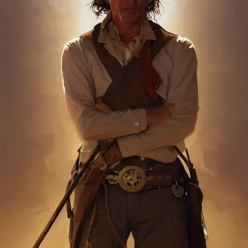 Prompt: clean shaven, tan, middle - aged christian priest with dark hair in wild west, gorgeous, beautiful, intricate, highly detailed, digital painting, artstation, oppressive lighting, concept art, sharp focus, illustration, art by greg rutkowski and alphonse mucha