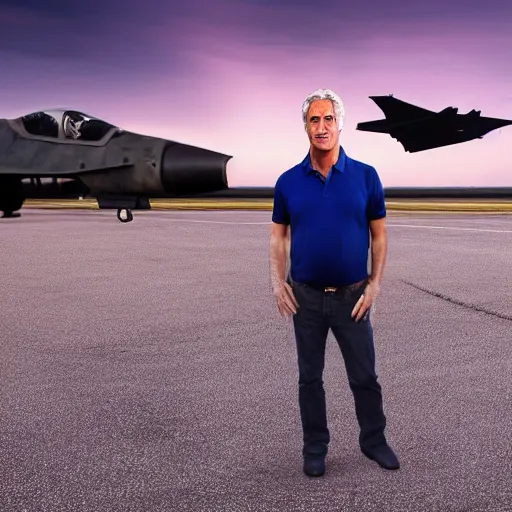 Image similar to aesthetic illustration of jeffrey epstein, wearing a dark blue polo shirt, standing near predator unmanned combat aircraft on an empty runway at dusk, cinematic lighting, high detail, volumetric lights, pinterest wallpaper, trending on artstation