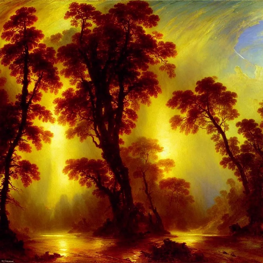 Prompt: a road that goes towards the sunrise, painted by thomas moran and albert bierstadt