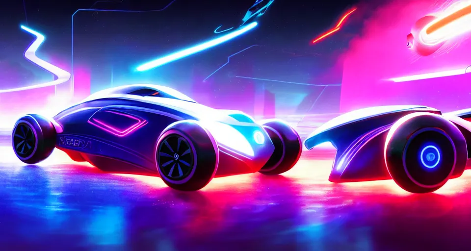 Prompt: dream tron tesla light cycle race, rocket league, mass effect, neon, hyper realistic, concept art, high key lighting, intricate, hyper detailed, smooth, high contrast, neon, volumetric lighting, octane, raytrace, moebius, syd mead, greg rutkowski, artgerm, jim lee,