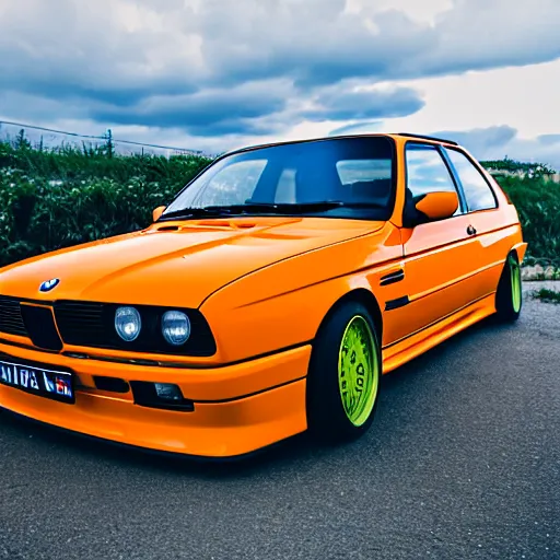 Image similar to orange bmw e 3 0 m 3, floating in outer space