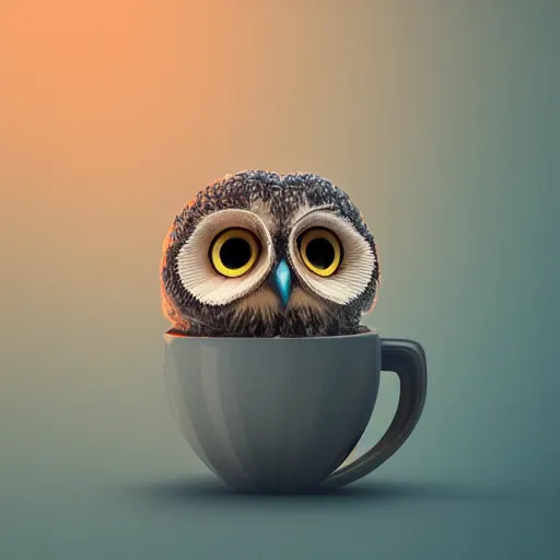 Image similar to long shot of a very cute owl chick nesting in a very futuristic cup, humorous illustration, hyperrealistic, big depth of field, warm colors, night scenery, low light, 3 d octane render, 4 k, conceptart, hyperdetailed, hyperrealistic, trending on artstation