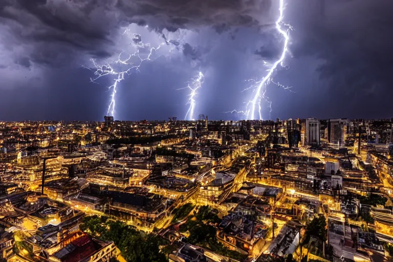 Prompt: thunderstorm approaching a city, photography, hd, nikon, sony