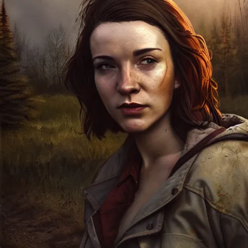 Image similar to fallout 5, charismatic brunette female protagonist, portrait, outdoors scene, somewhere in a low density rural town, atmospheric lighting, painted, intricate, volumetric lighting, beautiful, daytime, sunny weather, slight overcast, sharp focus, deep colours, ultra detailed, by leesha hannigan, ross tran, thierry doizon, kai carpenter, ignacio fernandez rios