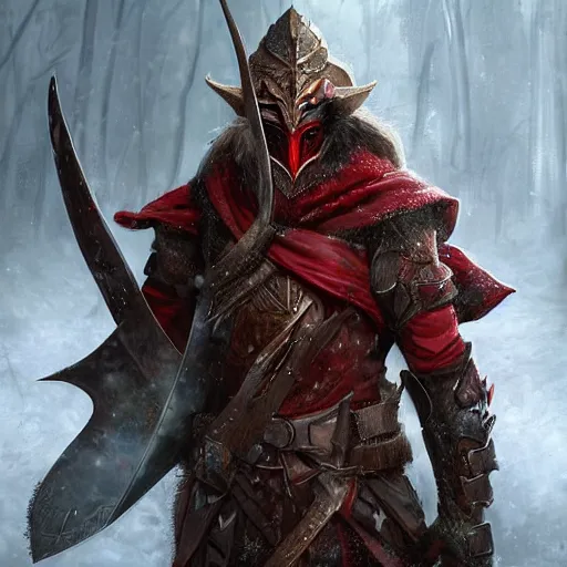 Prompt: A full body shot of an elven ranger with a bow and quiver wearing leather armor to block the snow, he wears a red demon mask of terror with fire in the eye sockets, fantasy, digital art by Ruan Jia