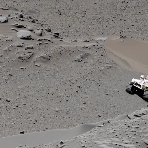 Prompt: a brand new porsche 9 1 1 9 9 2 driving on mars, dusty : : photo from the curiosity rover