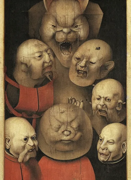 Prompt: Xi Jinping by Hieronymus Bosch and James Jean, rule of thirds, highly detailed features, perfect symmetry, horror elements, horror theme, award winning, totalitarian setting