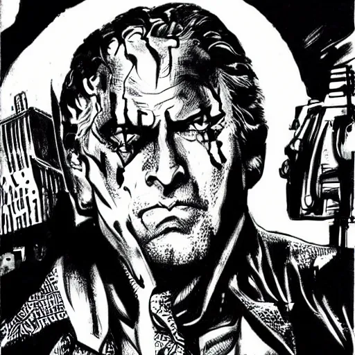 Prompt: milos zeman as sin city villain character, bw comic book drawing by frank miller