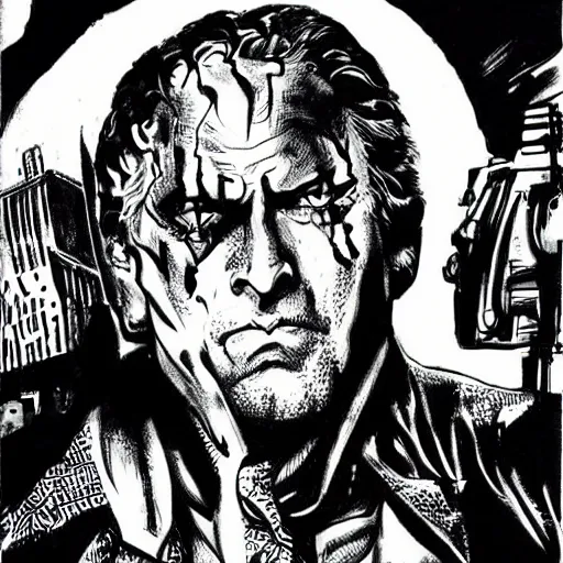Image similar to milos zeman as sin city villain character, bw comic book drawing by frank miller