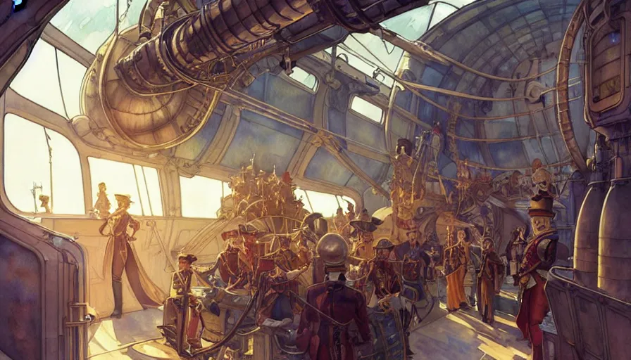 Prompt: airship interior bridge of warship, captain and bridge crew, french baroque, napoleonic, dieselpunk science fiction, steampunk, sharp, concept art watercolor illustration by mandy jurgens and alphonse mucha, dynamic lighting