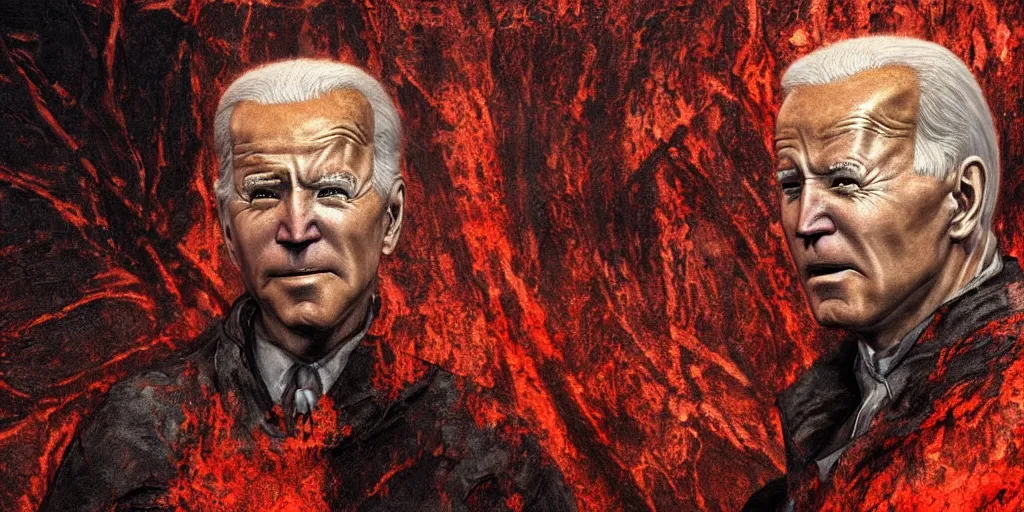 Image similar to biden in dante's inferno painting, dark beauty, rotten gold, perfect faces, extremely detailed, cinema 4 d, unreal engine.