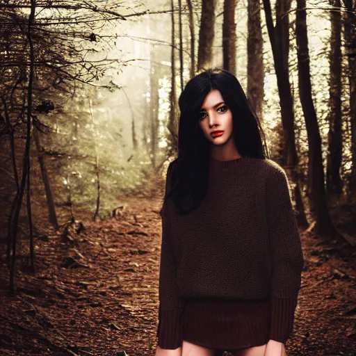 Prompt: real life photo of a beautiful girl, full body photo shoot, long black hair, brown eyes, full round face, short smile, brown sweater, forest setting, cinematic lightning, medium shot, mid - shot, highly detailed, trending on artstation, unreal engine 4 k, 8 0 mm, 8 5 mm, cinematic wallpaper