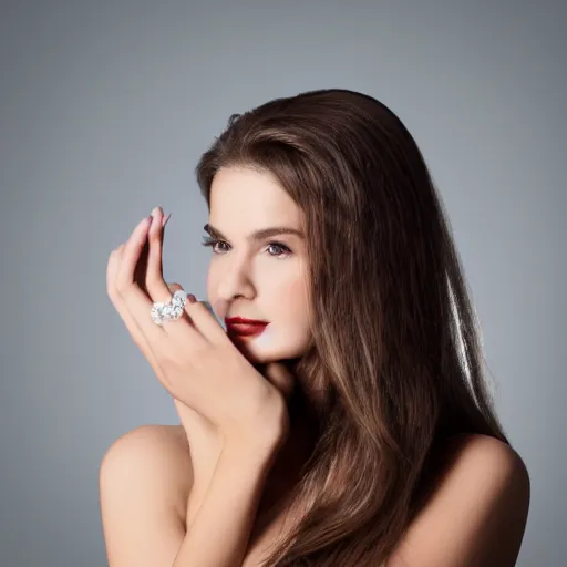 Image similar to close - up of brunette model holding up hand highlighting large diamond ring, studio lighting, studio photography, high resolution, perfect face, sharp focus, ring light, dslr