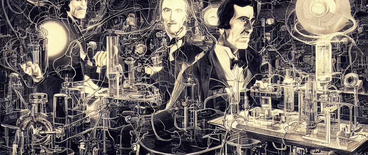 Image similar to portrait of nikola tesla in laboratory, symmetrical, by yoichi hatakenaka, masamune shirow, josan gonzales and dan mumford, ayami kojima, takato yamamoto, barclay shaw, karol bak, yukito kishiro