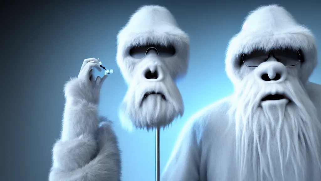 Prompt: a scientist who wears a scientist coat and has a yeti head for a head, 4 k, photorealistic, dramatic lighting