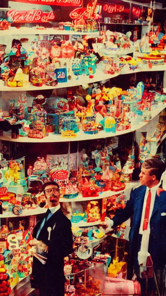 Image similar to closeup 6 0 s photo of a business man in a candy shop, kodachrome