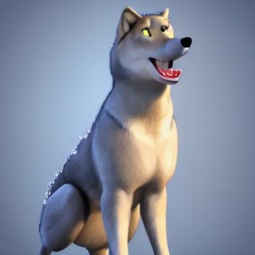 Prompt: 3 d render, well toned, large and tall, female, anthropomorphic wolf with a short snout, furless, blue scales with white spots, icey blue dress, scales covering her chest.