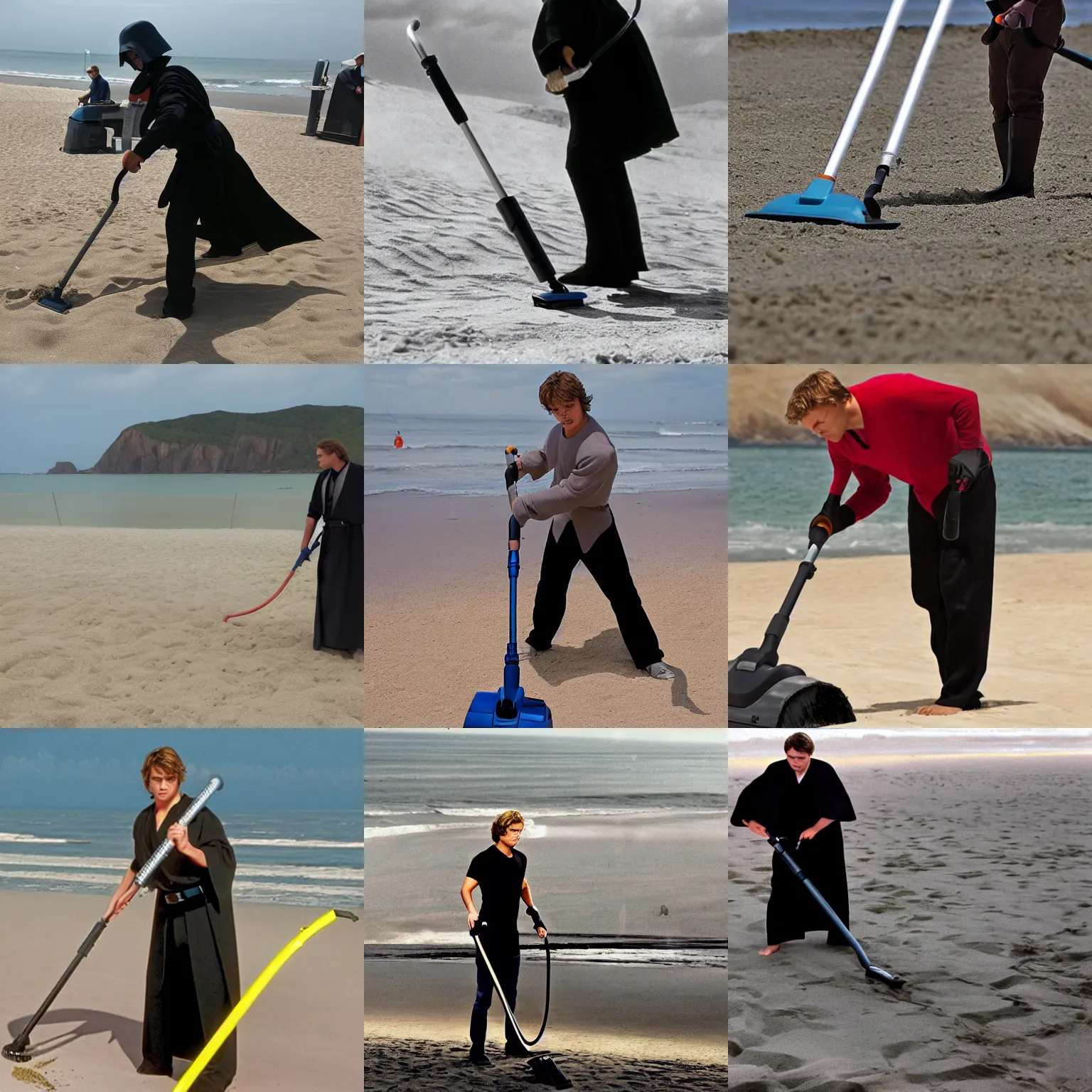 Prompt: angry anakin skywalker vacuuming the beach to remove sand