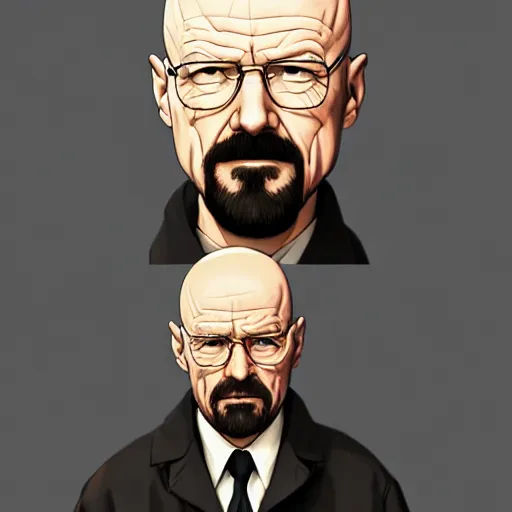 Prompt: Walter White anime portrait, mattepainting concept pixar maya engine on stylized background splash comics global illumination lighting artstation lois van baarle, ilya kuvshinov, rossdraws