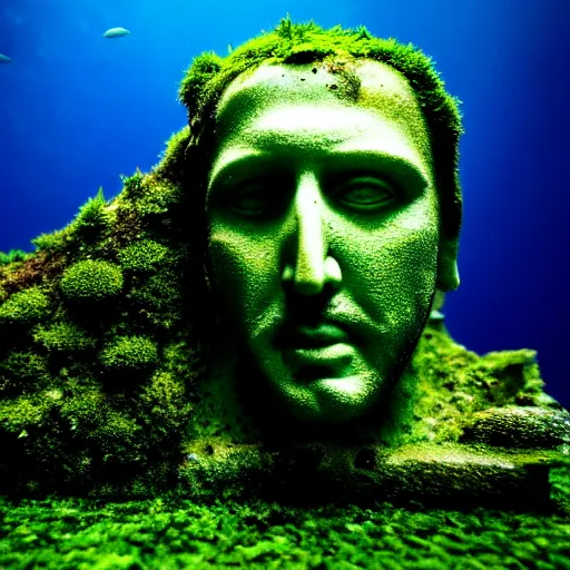 Image similar to Ruins, Nicolas Cage underwater mossy old statue, ruins, photo, dark, kelp and moss all over, bottom of ocean, deep ocean, bottom of ocean, dark, 35mm, fish, underwater landscape, 4k, detailed, photorealistic, photo, Atlantis, underwater camera, fish, fish, fish