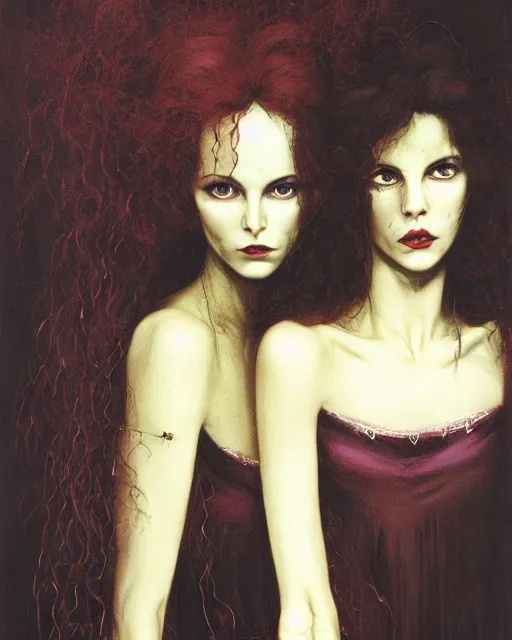 Prompt: two handsome but sinister, creepy young women in layers of fear, with haunted eyes and wild hair, 1 9 7 0 s, seventies, wallpaper, a little blood, moonlight showing injuries, delicate embellishments, painterly, offset printing technique, by john howe, brom, robert henri, walter popp