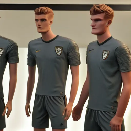 Image similar to a realistic detailed photo of a guy who is an attractive humanoid who is half robot and half humanoid, who is a male android, soccer players martin ødegaard & timo werner, shiny skin, posing like a statue, blank stare, in a factory, on display, showing off his muscles, gold soccer shorts, side view, looking at each other mindlessly