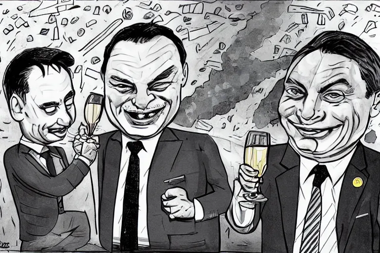 Prompt: viktor orban winking and drinking champagne with putin in front a burning city, line art