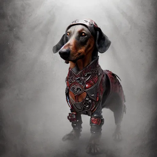 Prompt: warrior dachshund in armor, eerie, intricate, highly detailed, sorrow, dramatic, emotional, proud, matte painting, award - winning art, cold lighting, refractions, volumetric lighting, trending on artstation, digital art, 8 k