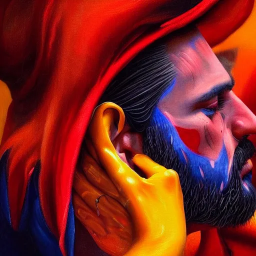 Prompt: A beautiful painting of the Devil whispering in a man's ear, digital art, vibrant color scheme, highly detailed, in the style of romanticism, fine Art, high detail, great lighting, 8k resolution, masterpiece, concept art, illustration, clear eyes, soft lighting, soft details, painting oil on canvas, octane render, HDR, trending on artstation, 4k, 8k, HD